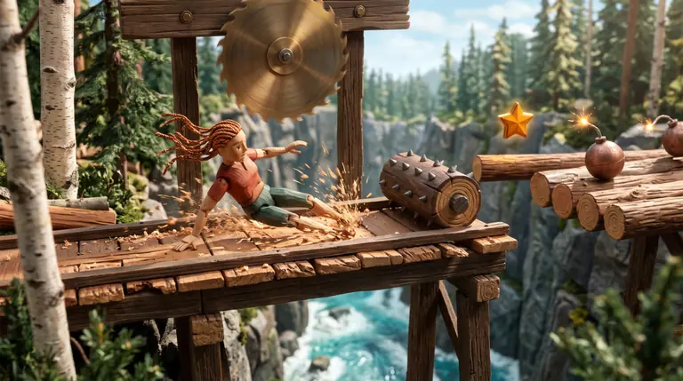 A carved cedar parkour runner with braided copper hair sliding beneath a spinning brass saw blade toward a glowing amber star on a wooden trestle.
