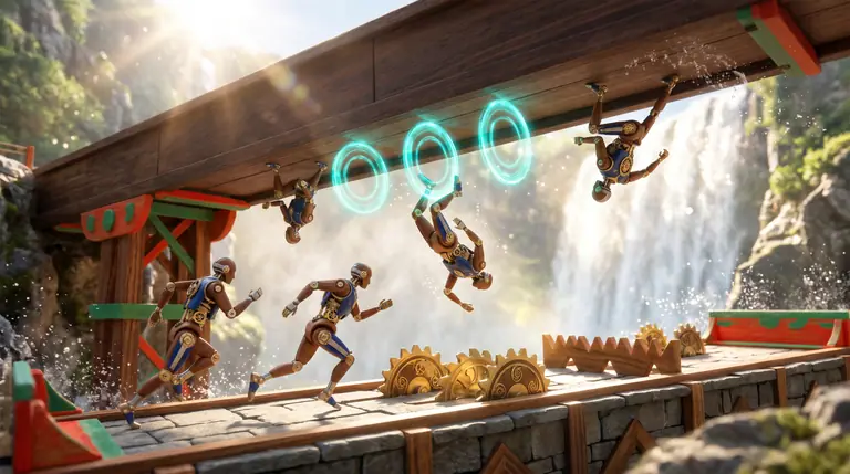 Four clockwork sprinters flipping gravity between the floor and ceiling tracks of a magnetized ironwood bridge over a sunlit waterfall.