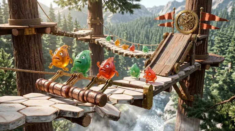 Eight translucent pine-resin blob racers leaping over swinging copper hammers and collapsing white-birch tiles on a sunlit treetop obstacle course.