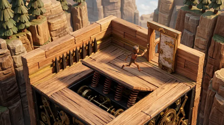 A small wooden runner leaping toward an exit door as clockwork cedar floor planks drop open and hidden spikes slide across the path.