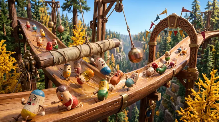 Colourful carved-wood and resin bean racers tumbling down a slick cedar chute while dodging swinging brass pendulums and rotating log booms.