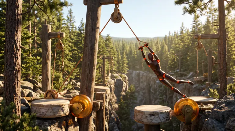 An articulated ironwood acrobat swinging on a braided copper cable from an overhead brass pulley above birch-bark trampolines in a sunlit forest ravine.