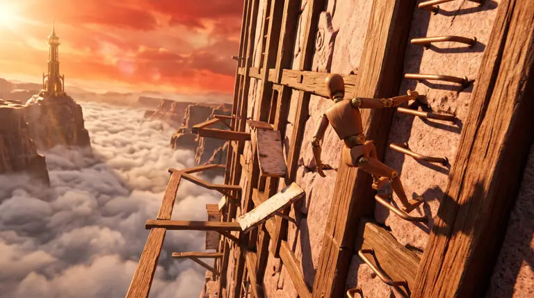 A jointed cedar and brass parkour runner wall-running across a vertical granite and timber structure toward a distant beacon under a glowing vermilion sky.