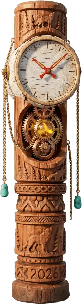A carved red-cedar and hammered-copper course chronometer with a glowing boreal amber core and white-birch dial.