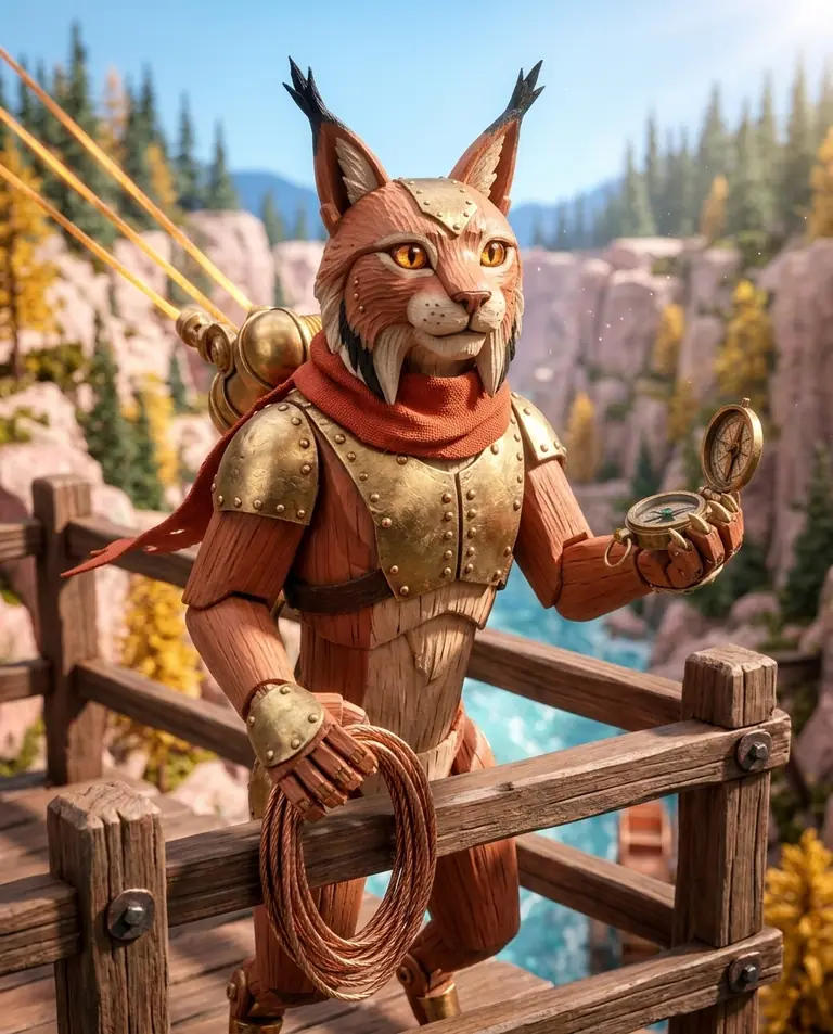Portrait of Bohrim holding a coiled copper grappling line and brass compass on a sunlit cedar deck overlooking the boreal canyon.